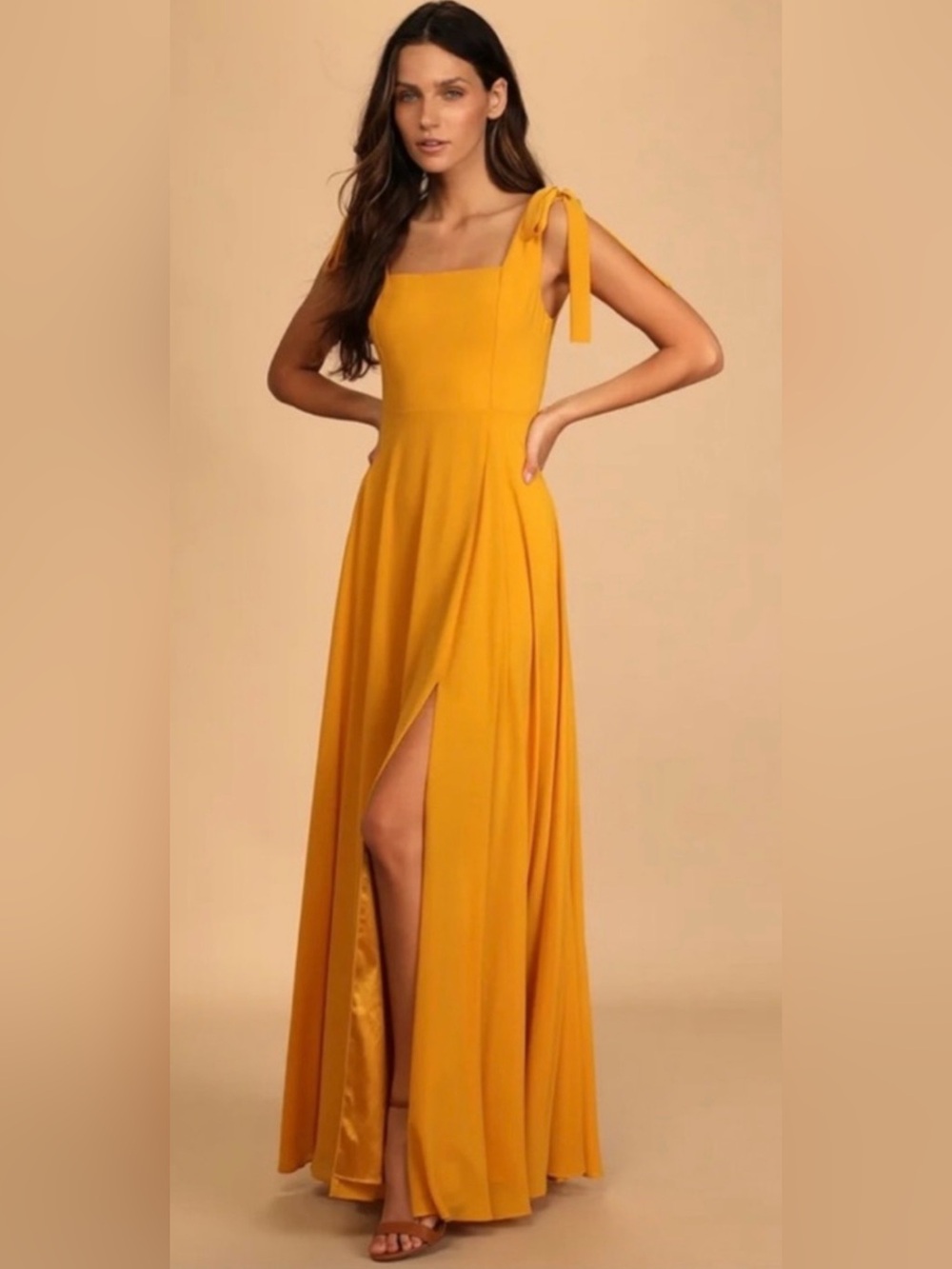 NWT Lulu’s Love Me Forever Mustard Yellow Tie-Strap Square Neck Maxi Dress Sz L